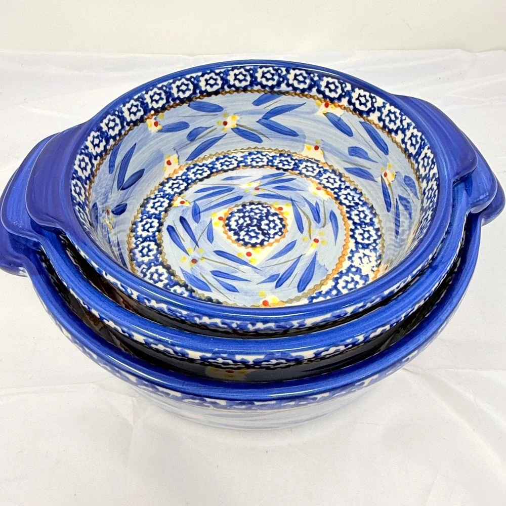 Temp-tations Old World Blue Ceramic Round Nesting  Set 3pc 2/1.5/1.0 qt